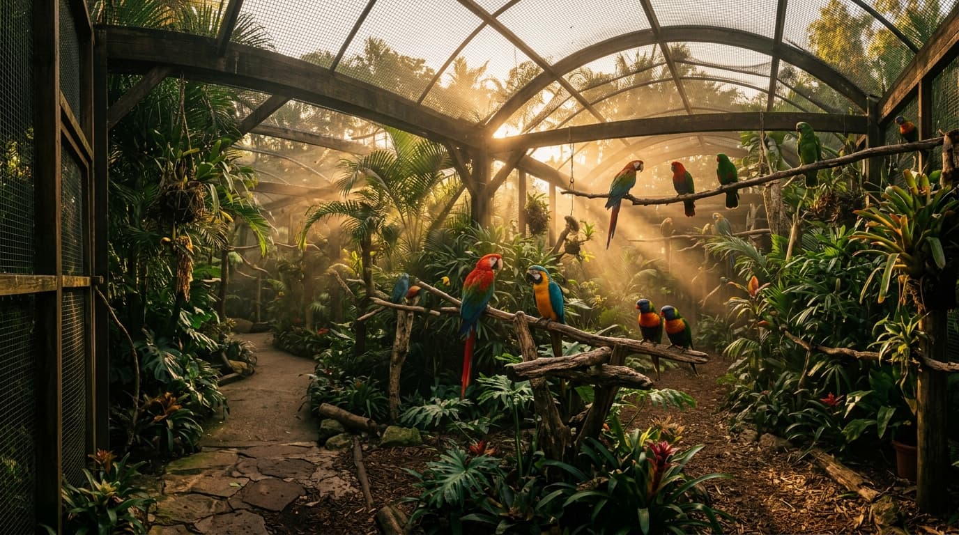 Begehbare Papageien-Voliere im Goldlicht